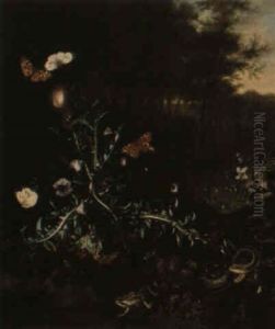 Wooded Landscape With Butterflies, A Thistle, And Snake And Frog by Isac Vromans