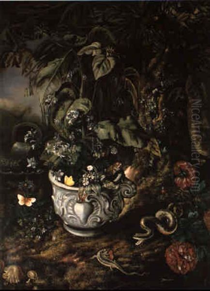 Stilleben Mit Blumen, Pflanzen, Und Reptilien In Einem Waldgrund - view 1