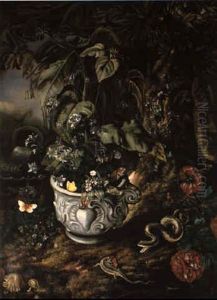 Stilleben Mit Blumen, Pflanzen, Und Reptilien In Einem Waldgrund