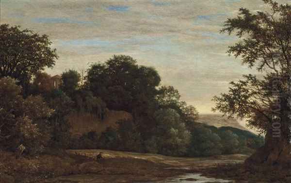 A Wooded River Landscape With A Hunter And His Dog, On A Track, A Wall Beyond - view 1