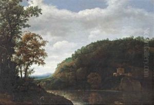 A Mountainous River Landscape With A Shepherd In The Left Foreground And A Temple On The Opposite River Bank by Cornelis Hendricksz. The Younger Vroom