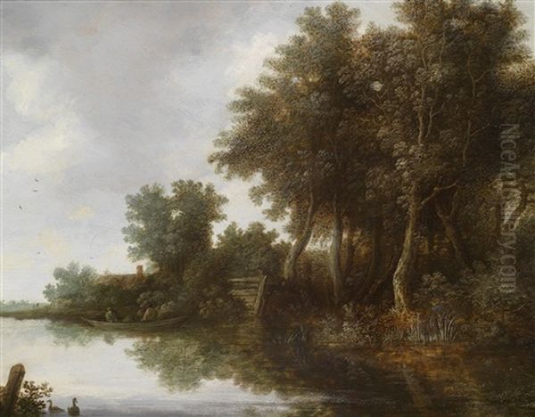 Flusslandschaft Mit Einem Fahrboot Und Einem Angler - view 1