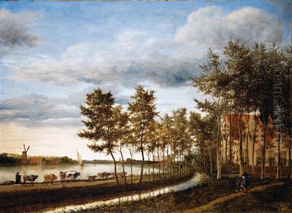 Drovers With Their Animals Walking On A Path Along The Spaarne, The City Of Haarlem In The Distance - view 1