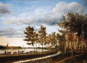 Drovers With Their Animals Walking On A Path Along The Spaarne, The City Of Haarlem In The Distance