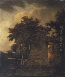 A Wooded Landscape With A Huntsman In Red Shooting By A Cottage by Cornelis Hendricksz. The Younger Vroom