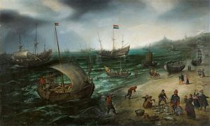 Segelschiffe Am Strand Von Scheveningen by Hendrik Cornelisz. Vroom