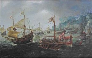 A Battle Between Spanish Galleons And English And Dutch Warships Before A Rugged Coastline