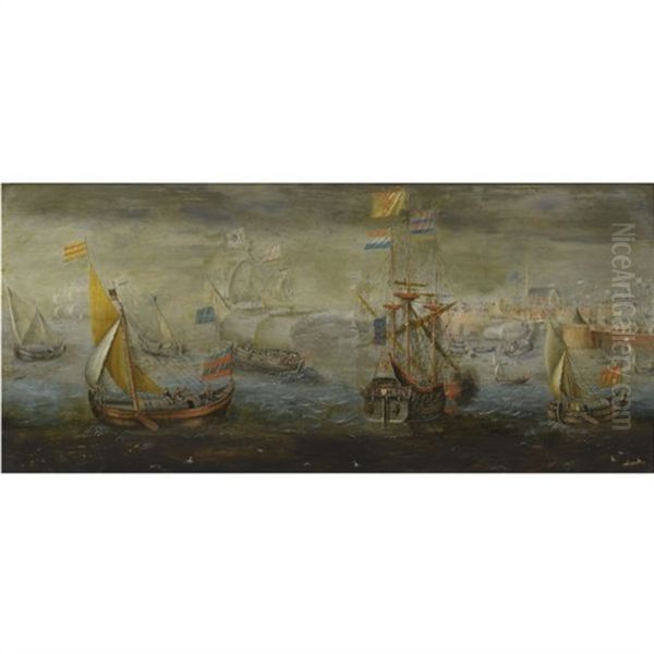 A Dutch Man-of-war And Other Flagships Near A Dutch Fortified Town - view 1