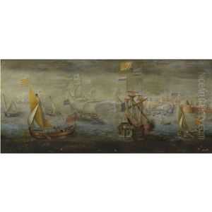 A Dutch Man-of-war And Other Flagships Near A Dutch Fortified Town by Hendrik Cornelisz. Vroom
