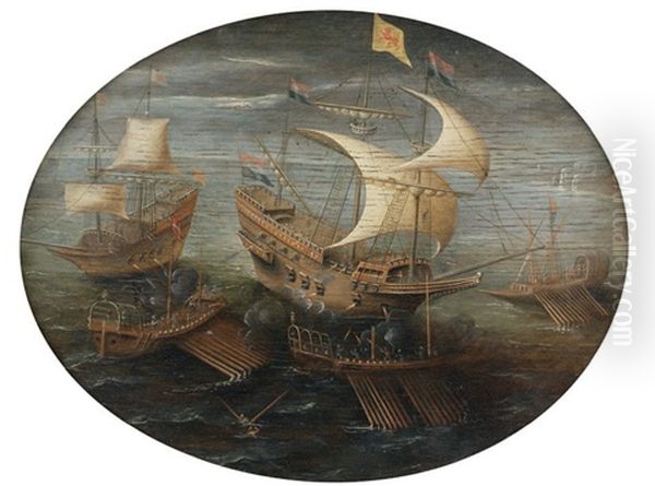 Bataille Navale Entre Un Galion Hollandais Et Un Vaisseau De Guerre Et Trois Galeres Anglaises - view 1
