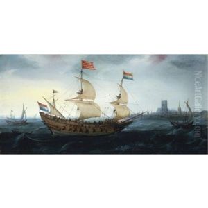 A Dutch Two-master In A Stiff Breeze Before A Dutch Coastal Town (den Briel?) by Hendrik Cornelisz. Vroom