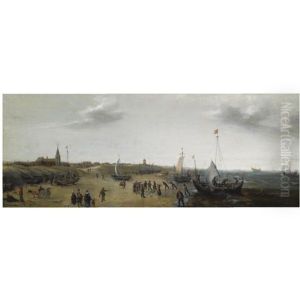 A View Of The Beach At Scheveningen With Fishermen Unloading Their Catch, Elegant Figures Strolling Along The Beach by Hendrik Cornelisz. Vroom