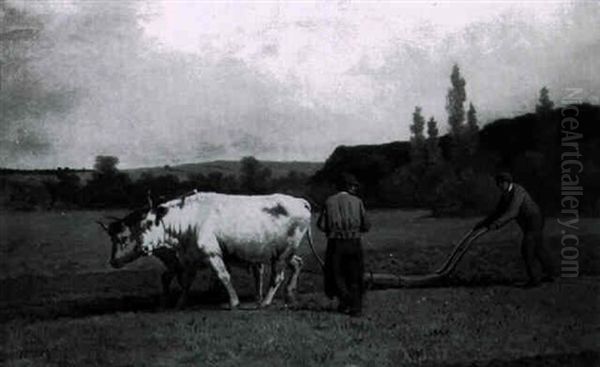 Two Farmers And A Pair Of Oxen Plowing A Field - view 1