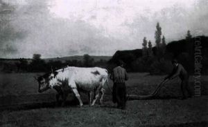 Two Farmers And A Pair Of Oxen Plowing A Field by Francois Vuagnat