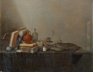 Books With An Earthenware Jug And Glass Bottles Along With Other Items On A Draped Table-top by Gerrit Van Vucht