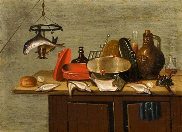 Kuchenstillleben Mit Fischen, Topfen Und Bartmannskrug - view 1
