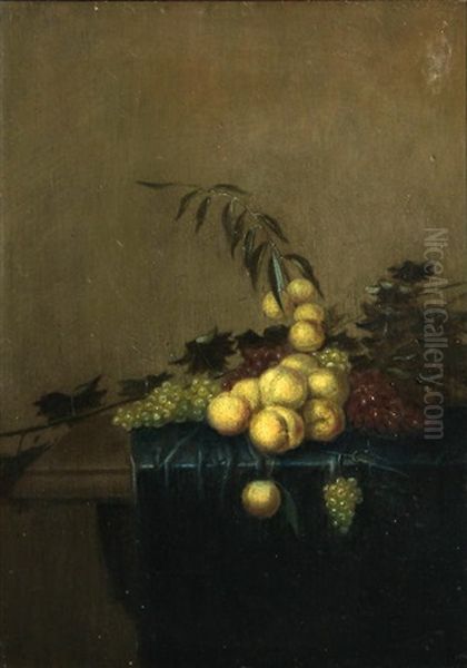 A Still Life Of Grapes And Peaches Resting On A Table Draped With A Blue Cloth - view 1
