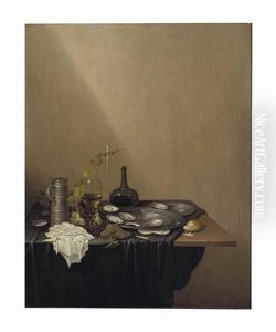 A Pewter Dish Of Oysters With Grapes, A Roemer, And Bread On A Partially Draped Table