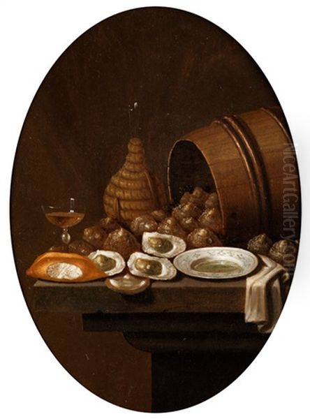 Stilleben Mit Austern, Weinflasche, Weinkelch Und Brot - view 1