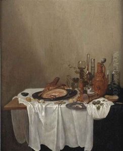 A Ham On A Pewter Plate, A Peeled Lemon, Various Jugs And Glasses, All On A Partially Draped Table by Gerrit Van Vucht