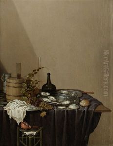 A Pewter Dish Of Oysters With Grapes, A Roemer And Bread On A Draped Table-top