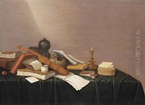 A Vanitas Still Life With Various Books, Sheet Music, A Violin, A Jenever Bottle, A Skull, And A Candlestick, All On A Draped Table