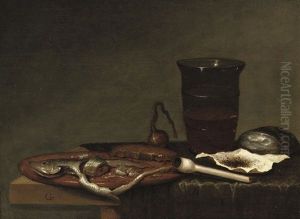 A Glass Of Beer, A Pipe With Tobacco And A Sliced Herring, All On A Partially Draped Table by Gerrit Van Vucht