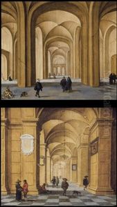 Deux Interieurs D'eglises Avec Personnages (2 Works) by Jan van Vucht