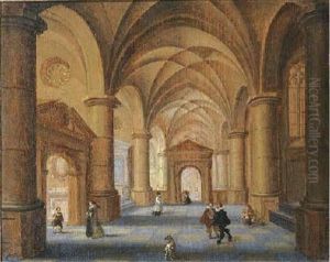 The Interior Of A Gothic Church With Elegant Company And A Dog The Interior Of A Gothic Church With Elegant Company And A Dog