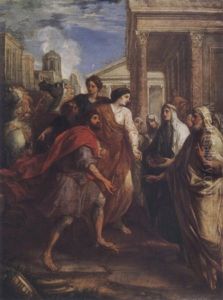 A Man And Woman Alighting From A Chariot Before A Group Of Priests And Vestal Virgins In An Classical City by Arnould De Vuez