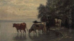 Hirtin Mit Kuhen Am Wasser