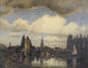 Flussuferpartie Mit Stadt