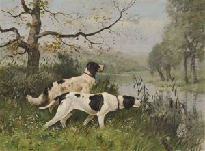 Two Hunting Dogs On The Streamside by Jan van Vuuren