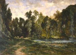 Wooded Landscape With Cows by Louis Georges Brillouin
