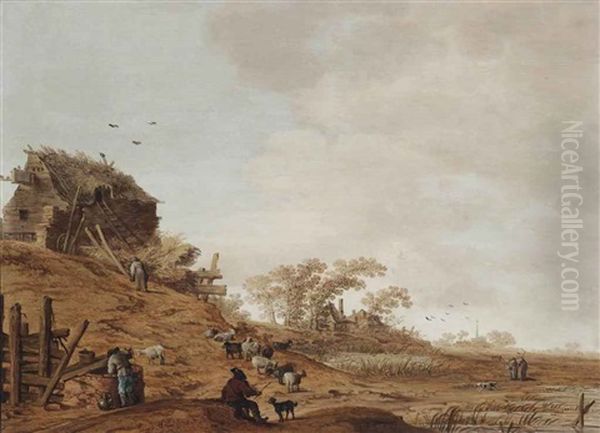A Dune Landscape With A Herdsman And Goats Near A Well, A Village Beyond - view 1