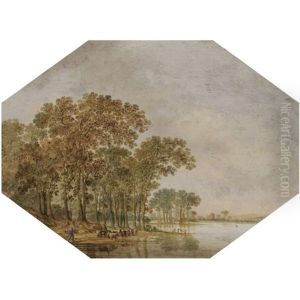 A Wooded River Landscape With A Shepherd Driving His Flock On The Banks by Jan Harmensz. Vynck