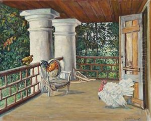 A Turkey And Chicken On A Terrace by Konstantin Semionovich Vysotsky