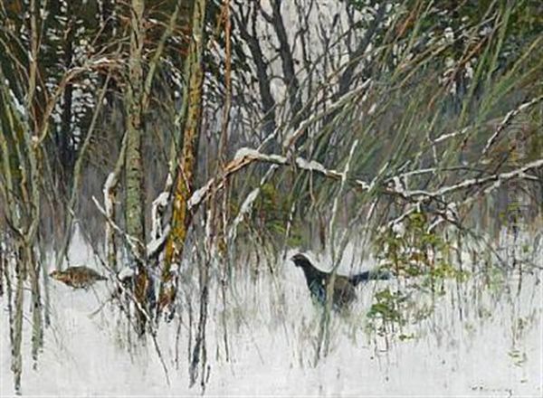 Two Pheasants On The Fringe Of The Forest, Winter - view 1