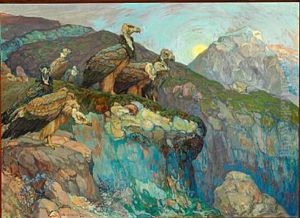 Mountainous Landscape At Sunset With Vultures Looking For A Prey