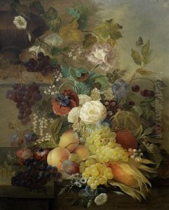A Terracotta Urn With Grapes, Peaches, Plums And Other Fruit On A Stone Ledge With Roses, Forget-me-nots, Poppies And Other Flowers by Jan Van Der Waarden