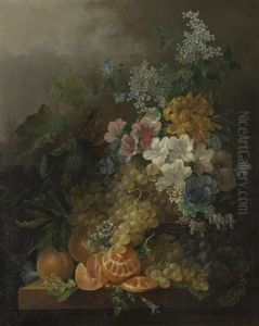 A Still Life With Flowers, Peaches, Grapes And A Peeled Orange, All Resting On A Table by Jan Van Der Waarden