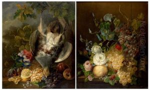 Nature Morte De Fleurs Et Grappes De Raisins, Nature Morte A La Perdrix, Aux Fruits Et Fleurs (2 Works) by Jan Van Der Waarden