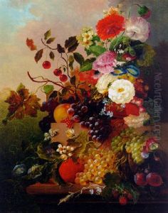 Poppies, Peonies, Roses And Other Flowers With Grapes, Cherries, And Plums On A Marble Ledge by Jan Van Der Waarden
