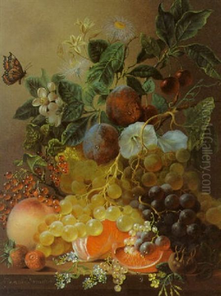 Plums, Grapes, An Orange And Other Fruit And Flowers On A Ledge - view 1