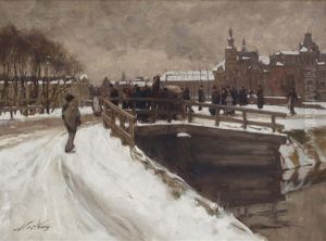 Amsterdamsch Stadsgezicht: Het Oude Brugje Op De Stadhouderskade Bij De Boerenwetering Ziende Naar De P.c. Hooftstraat: The Stadhouderskade In Winter, Amsterdam by Nicolaes van der Waay
