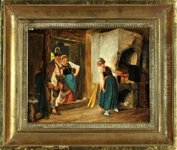 Zitherspieler Und Dirndl Zu Besuch Bei Bauerin In Der Stube - view 1