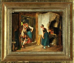 Zitherspieler Und Dirndl Zu Besuch Bei Bauerin In Der Stube