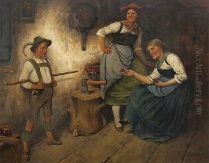 Bauerninterieur Mit Zwei Frauen Und Jungem Burschen by Maximilian Wachsmuth