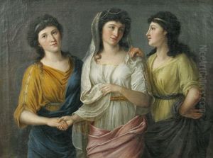 Junge, Festlich Gekleidete Frau, Von Zwei Freundinnen Umgeben by Eberhard Waechter