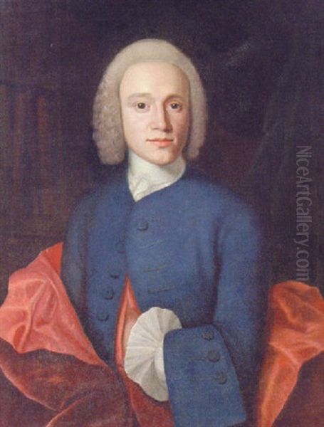 Portrait Of Jorgen Wichmand In A Blue Jacket And A Red Mantle, Standing Before A Bookshelf - view 1